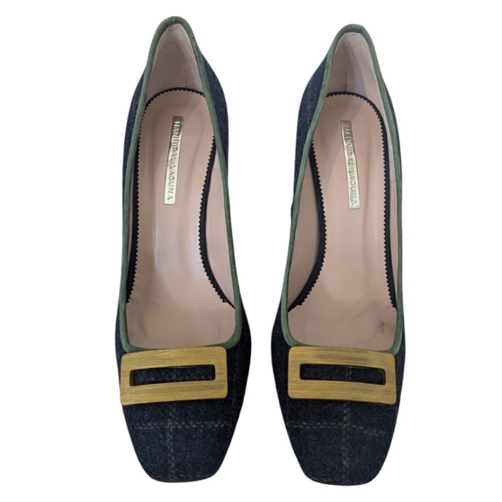 Hannibal Laguna Women's EU 40 Navy Wool Tartan Plaid Suede Pumps Square Toe - Picture 5 of 11